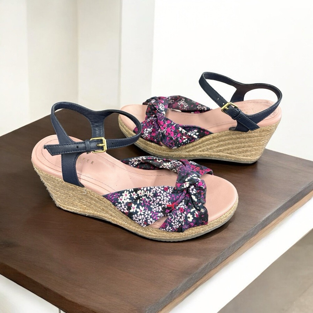 Ted Baker London Taylina Floral Espadrille Wedge‎ Sandal Navy Blue Size 7.5 / 38